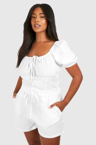 Womens Plus Linen Feel Puff Sleeve Ruched Bust Crop Top - White - 28, White