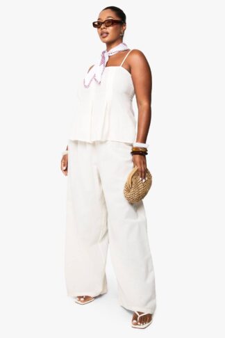 Womens Plus Linen Look Pleated Square Neck Cami Top And Wide Leg Trousers Co-Ord - Beige - 16, Beige