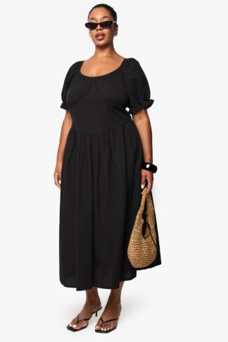 Womens Plus Linen Look Puff Sleeve Midaxi Dress - Black - 16, Black