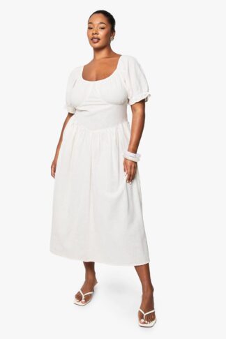 Womens Plus Linen Look Puff Sleeve Midaxi Dress - White - 16, White