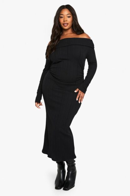 Womens Plus Long Sleeve Bardot Maxi Dress - Black - 16, Black