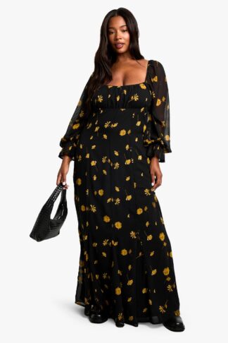 Womens Plus Long Sleeve Smock Maxi Dress - Black - 16, Black