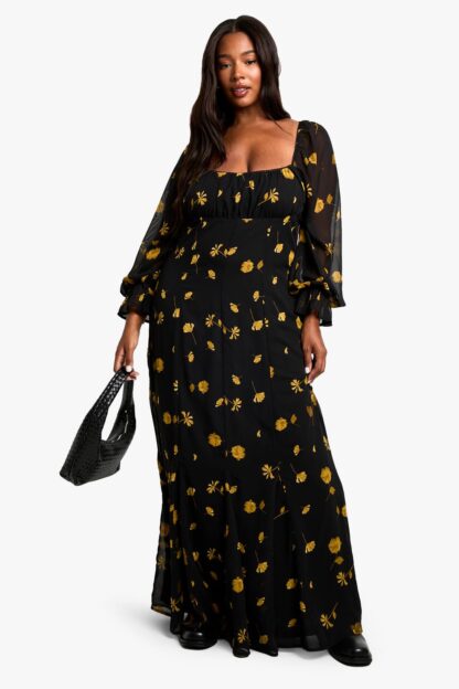 Womens Plus Long Sleeve Smock Maxi Dress - Black - 16, Black