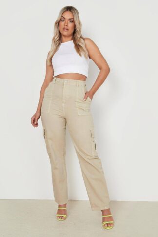 Womens Plus Loose Wide Leg Cargo Jeans - Beige - 28, Beige