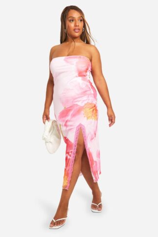 Womens Plus Mesh Floral Print Lace Trim Split Midaxi Dress - Pink - 28, Pink