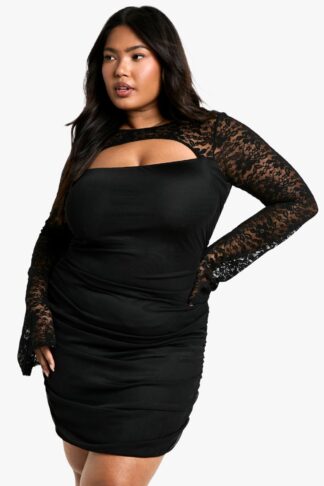 Womens Plus Mesh Lace Ruched Bodycon Dress - Black - 28, Black