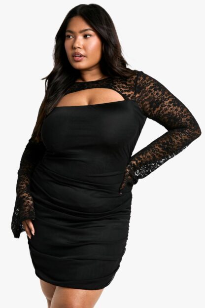 Womens Plus Mesh Lace Ruched Bodycon Dress - Black - 28, Black