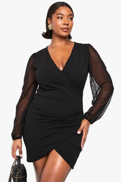 Womens Plus Mesh Wrap Dress - Black - 28, Black