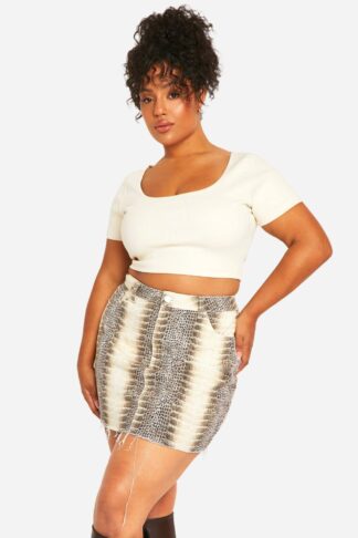 Womens Plus Mock Croc Denim Mini Skirt - Beige - 16, Beige