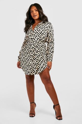 Womens Plus Mono Printed Shirt Dress - Black - 16, Black
