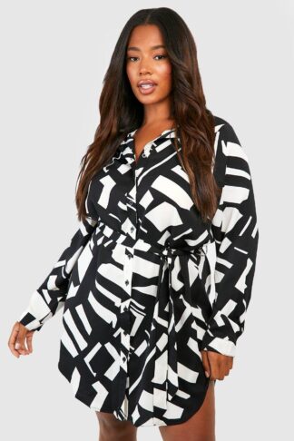 Womens Plus Mono Printed Tie Belt Shirt Dress - Black - 22, Black