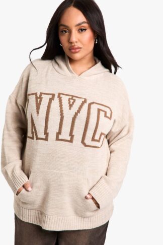 Womens Plus Nyc Knitted Hoodie - Beige - 16-18, Beige