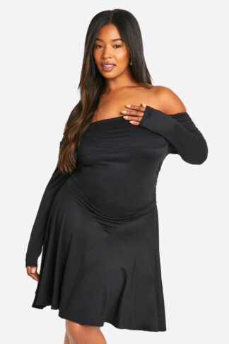 Womens Plus Off Shoulder Long Sleeve Skater Dress - Black - 16, Black