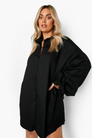 Womens Plus Oversized Ruched Sleeve Shirt Dress - Black - 24, Black