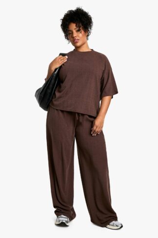 Womens Plus Oversized T-Shirt And Wide Leg Trouser - Brown - 28, Brown