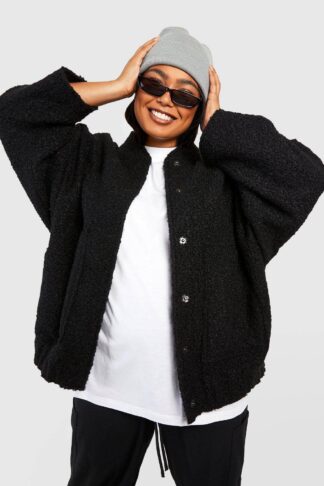 Womens Plus Oversized Wool Bomber Jacket - Black - 18, Black