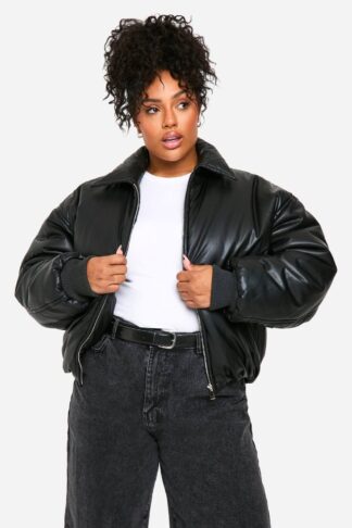 Womens Plus Padded Faux Leather Bomber Jacket - Black - 16, Black