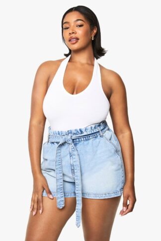 Womens Plus Paperbag Waist Denim Short - White - 16, White