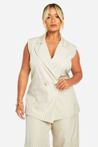 Womens Plus Pinstripe Double Breasted Sleeveless Blazer - Cream - 22, Cream