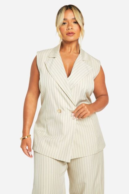Womens Plus Pinstripe Double Breasted Sleeveless Blazer - Cream - 22, Cream