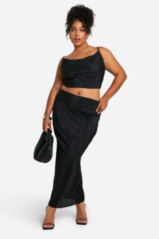 Womens Plus Plisse Cami Top & Midaxi Skirt Co Ord - Black - 16, Black