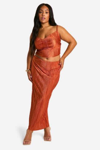 Womens Plus Plisse Cami Top & Midaxi Skirt Co Ord - Orange - 16, Orange