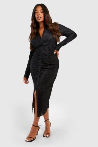 Womens Plus Plisse Midi Ruched Shirt Dress - Black - 18, Black