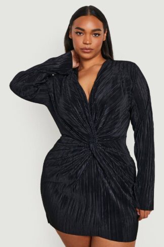 Womens Plus Plisse Twist Shirt Dress - Black - 24, Black