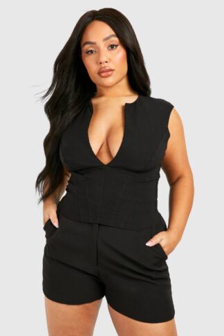 Womens Plus Plunge Corset Detail Top - Black - 26, Black