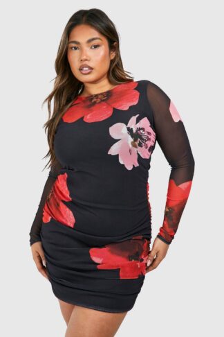 Womens Plus Plus Printed Ruched Bodycon Dress - Black - 16, Black