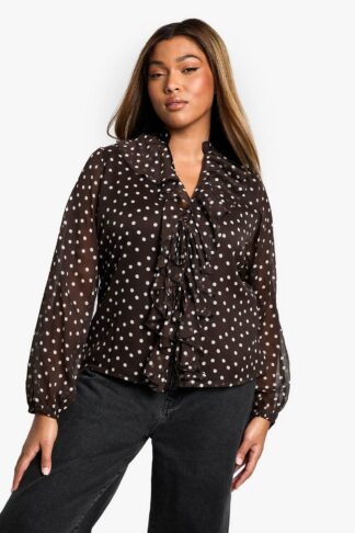 Womens Plus Polka Dot Ruffle Tie Front Volume Sleeve Blouse
