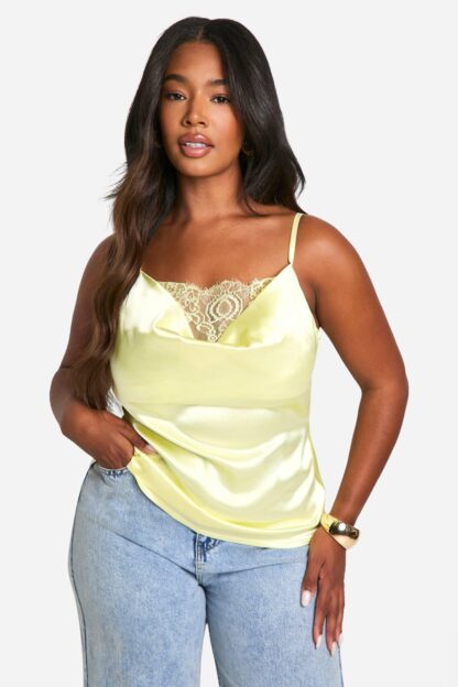 Womens Plus Premium Satin Cowl Lace Trim Cami Top - Yellow - 28, Yellow