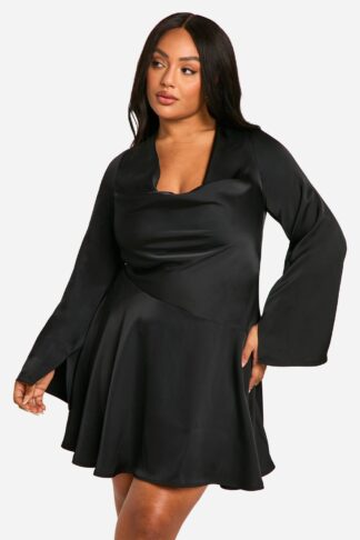 Womens Plus Premium Satin Cowl Neck Skater Dress - Black - 22, Black