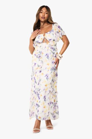 Womens Plus Printed Chiffon Angel Sleeve Maxi Dress