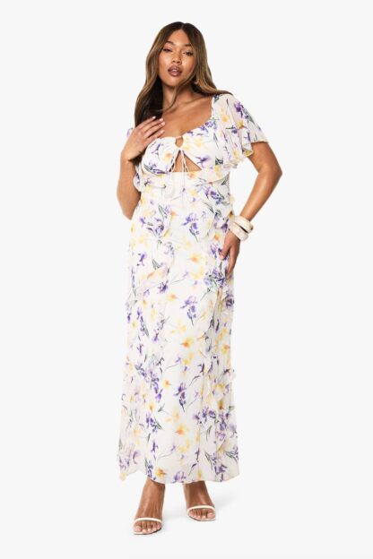 Womens Plus Printed Chiffon Angel Sleeve Maxi Dress