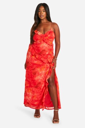 Womens Plus Printed Ruffle Strappy Maxi Dress - Red - 18, Red