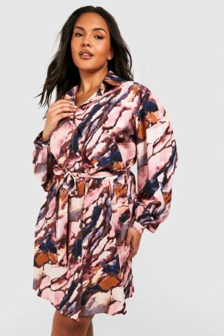 Womens Plus Printed Shirt Dress - Pink - 18, Pink