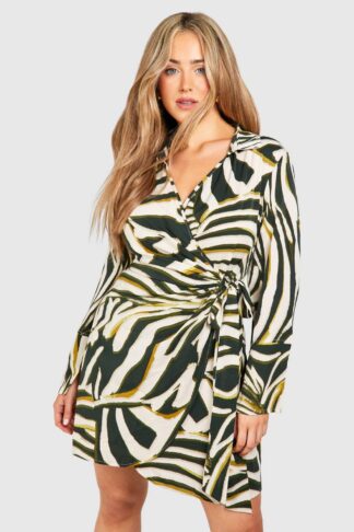 Womens Plus Printed Wrap Shirt Dress - Green - 26, Green