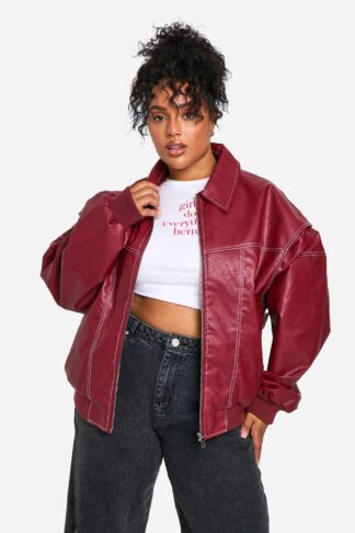 Womens Plus Pu Contrast Stitch Oversized Bomber Jacket - Red - 16, Red