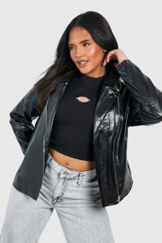 Womens Plus Pu Leather Look Quilted Biker Jacket - Black - 16, Black