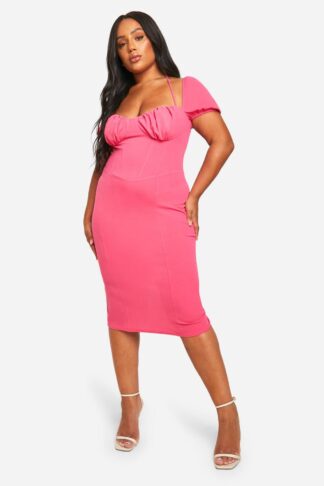 Womens Plus Puff Sleeve Midi Dress - Pink - 16, Pink