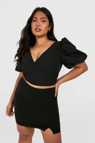 Womens Plus Puff Sleeve Seam Detail Corset Top - Black - 16, Black