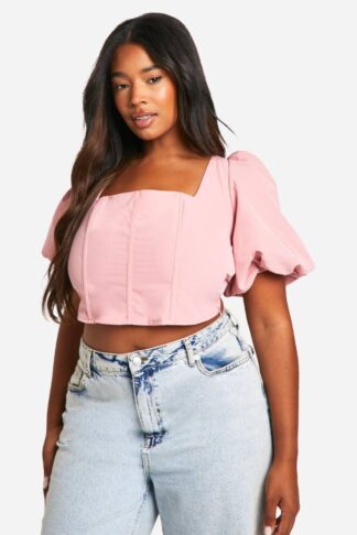 Womens Plus Puff Sleeve Square Neck Corset Top - Pink - 20, Pink