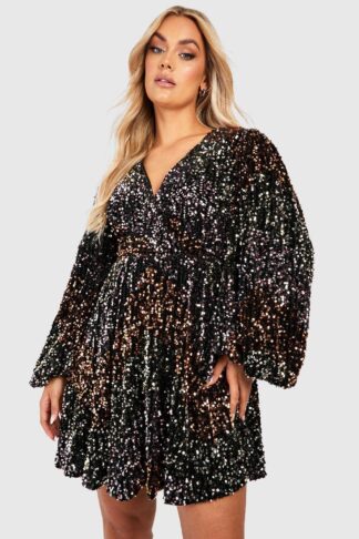 Womens Plus Rainbow Sequin Blouson Skater Dress - Black - 18, Black