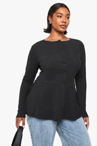 Womens Plus Rib Button Down Peplum Top - Black - 16, Black