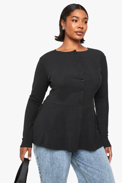 Womens Plus Rib Button Down Peplum Top - Black - 16, Black