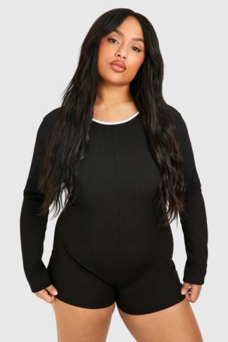 Womens Plus Rib Contrast Binding Playsuit - Black - 16, Black