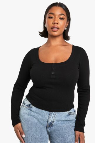Womens Plus Rib Detail Scoop Neck Long Sleeve Top - Black - 16, Black