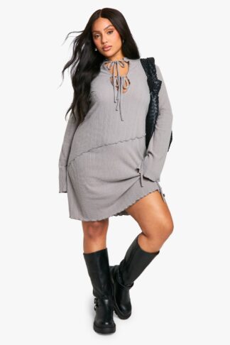 Womens Plus Rib Keyhole Tie Detail Shift Dress - Grey - 16, Grey