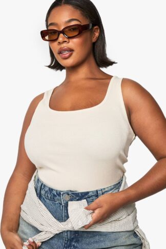 Womens Plus Rib Scoop Neck Racer Back Vest Top - Beige - 28, Beige